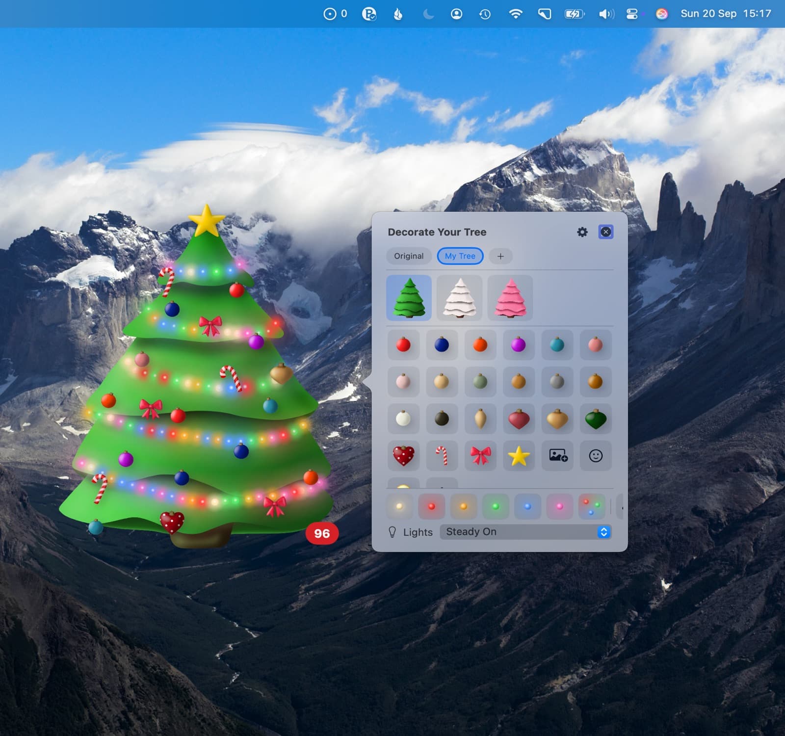 The decorate palette open beside the tree on a Mac desktop