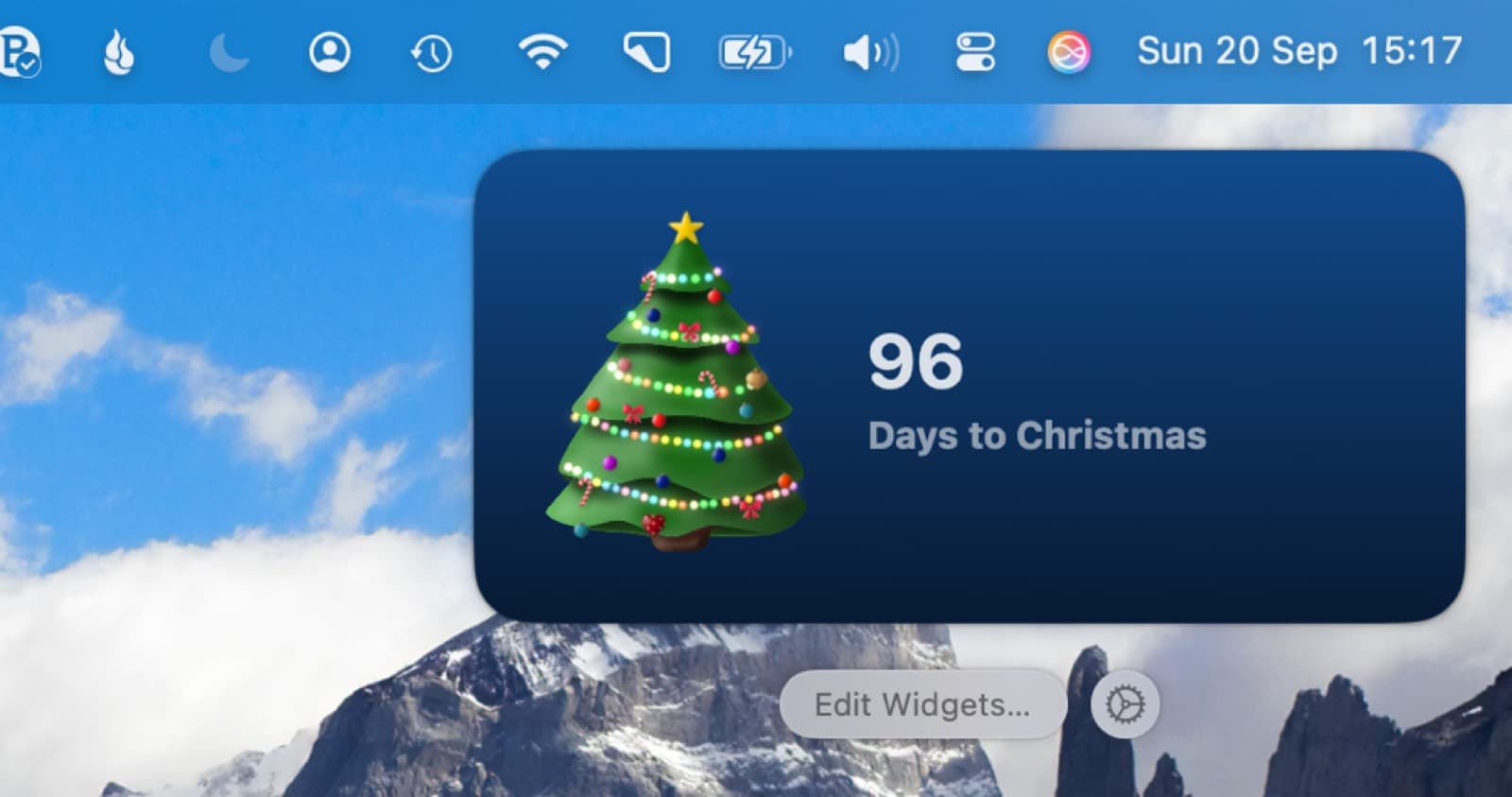 The Christmas Tree desktop widget on a Mac, showing 96 days to Christmas