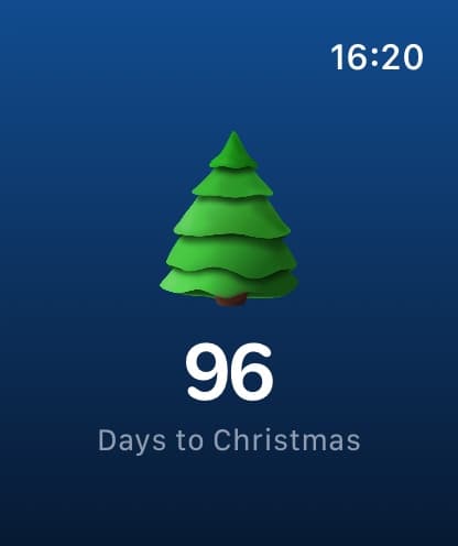 The Christmas Tree app on Apple Watch, showing 96 days to Christmas