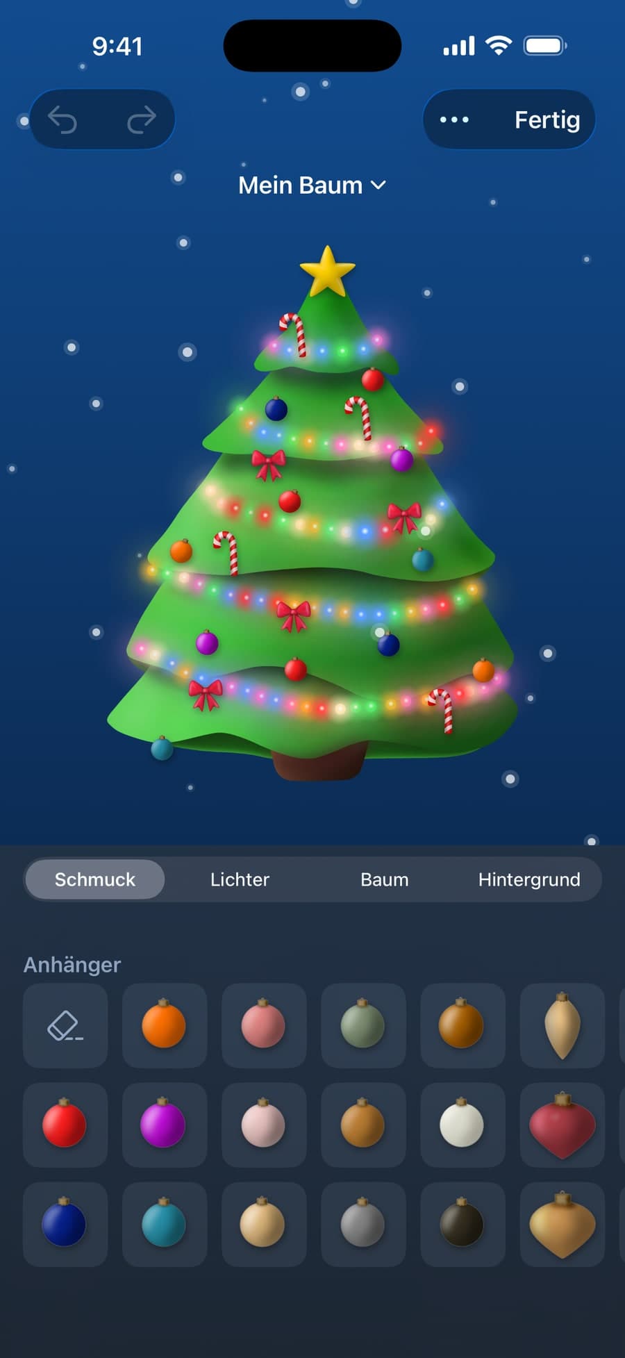Der Baum wird auf dem iPhone geschmückt, die Schmuckpalette ist geöffnet